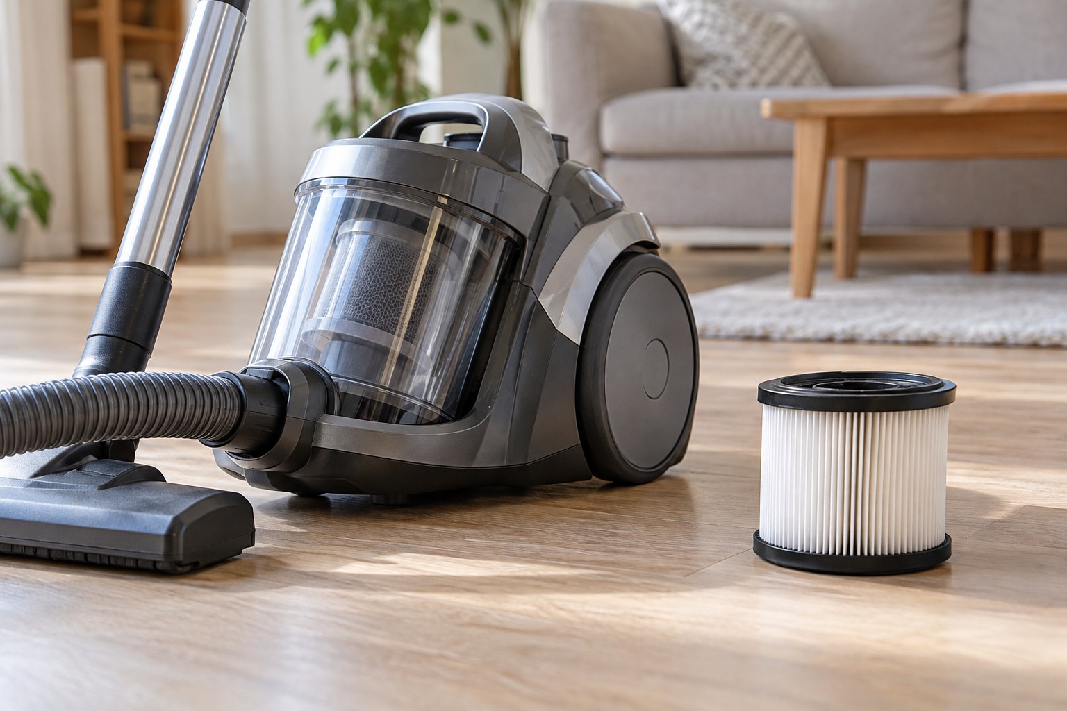 A disconnected cylinder vacuum cleaner with its clean pleated replacement filter laid next to it.