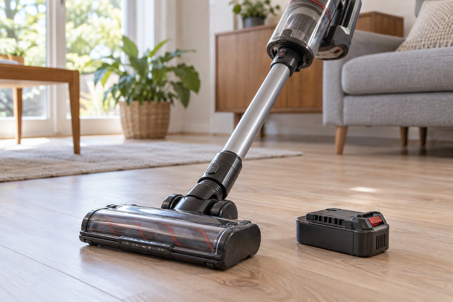 A cordless stick vacuum cleaner and its detached rectangular removable battery on a clean floor.
