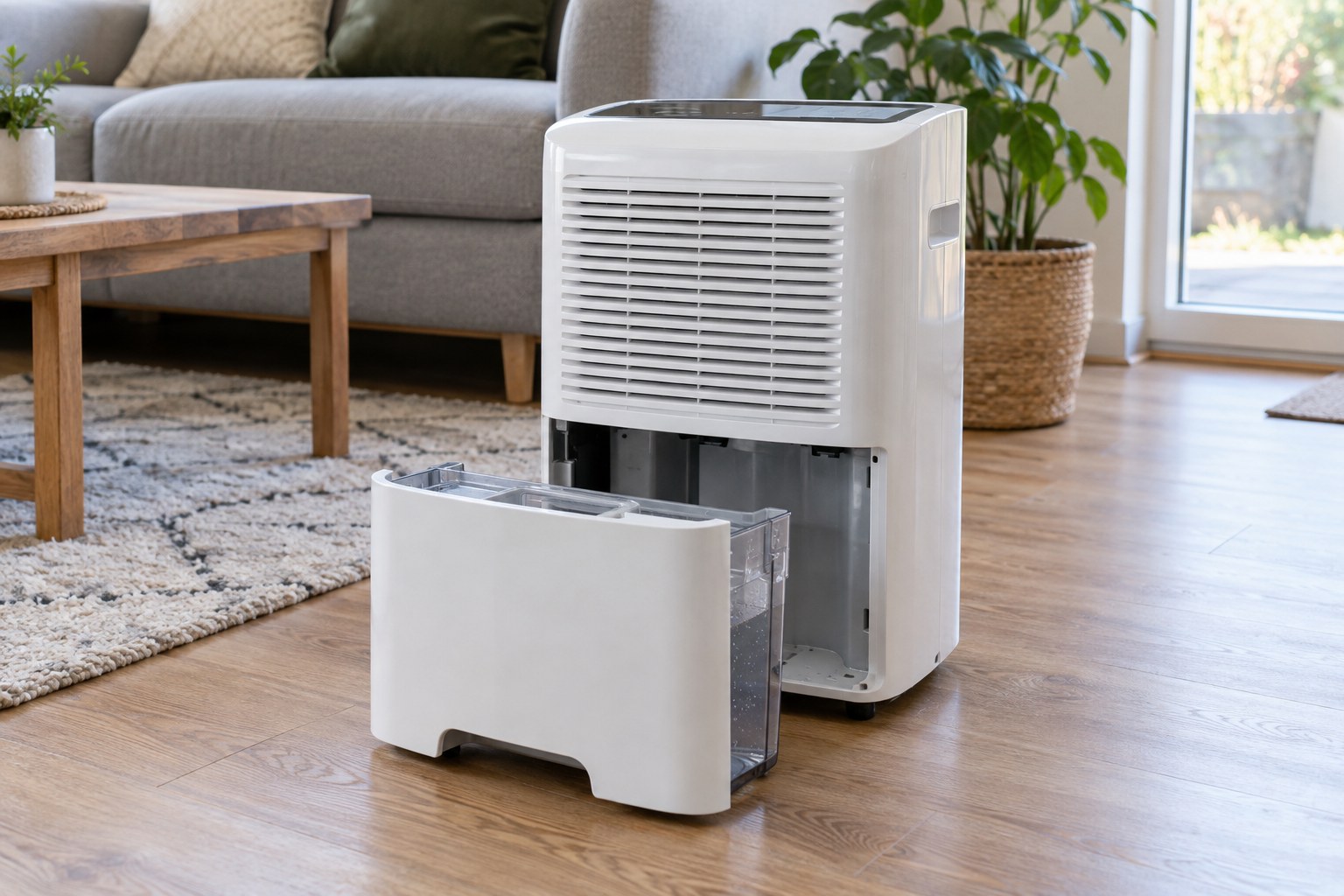 Portable dehumidifier with its water collection tank pulled out on a living room floor.