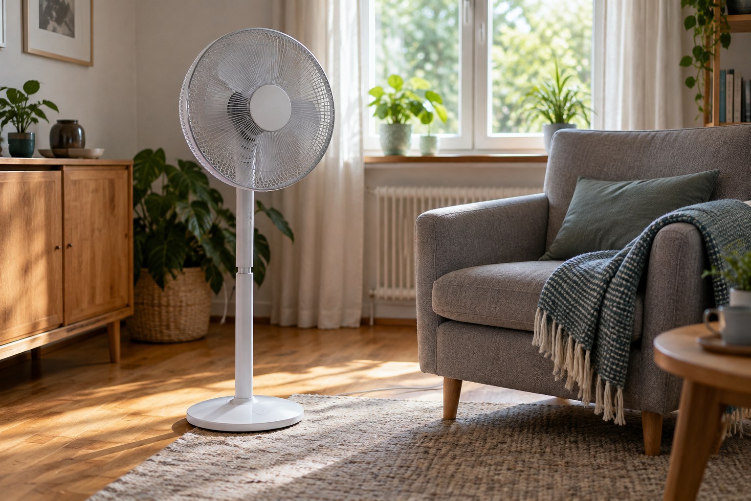 Pedestal fan beside a chair in a modest living room.