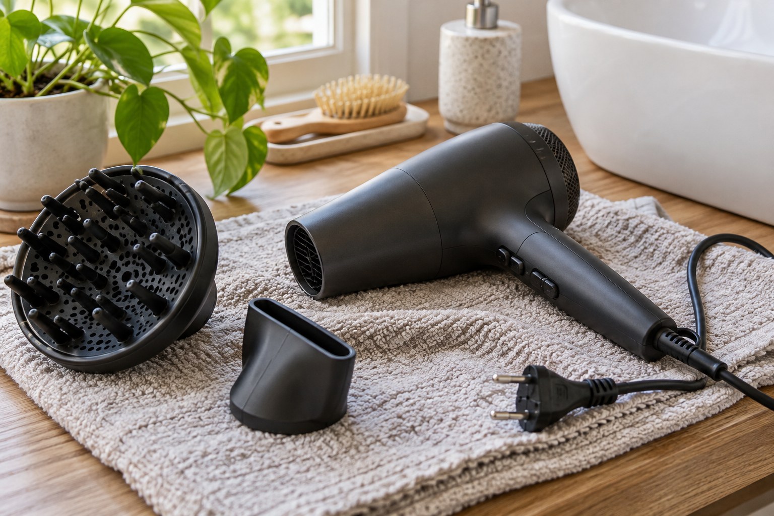 Unplugged hair dryer with a concentrator nozzle and large diffuser attachment separated on towel.
