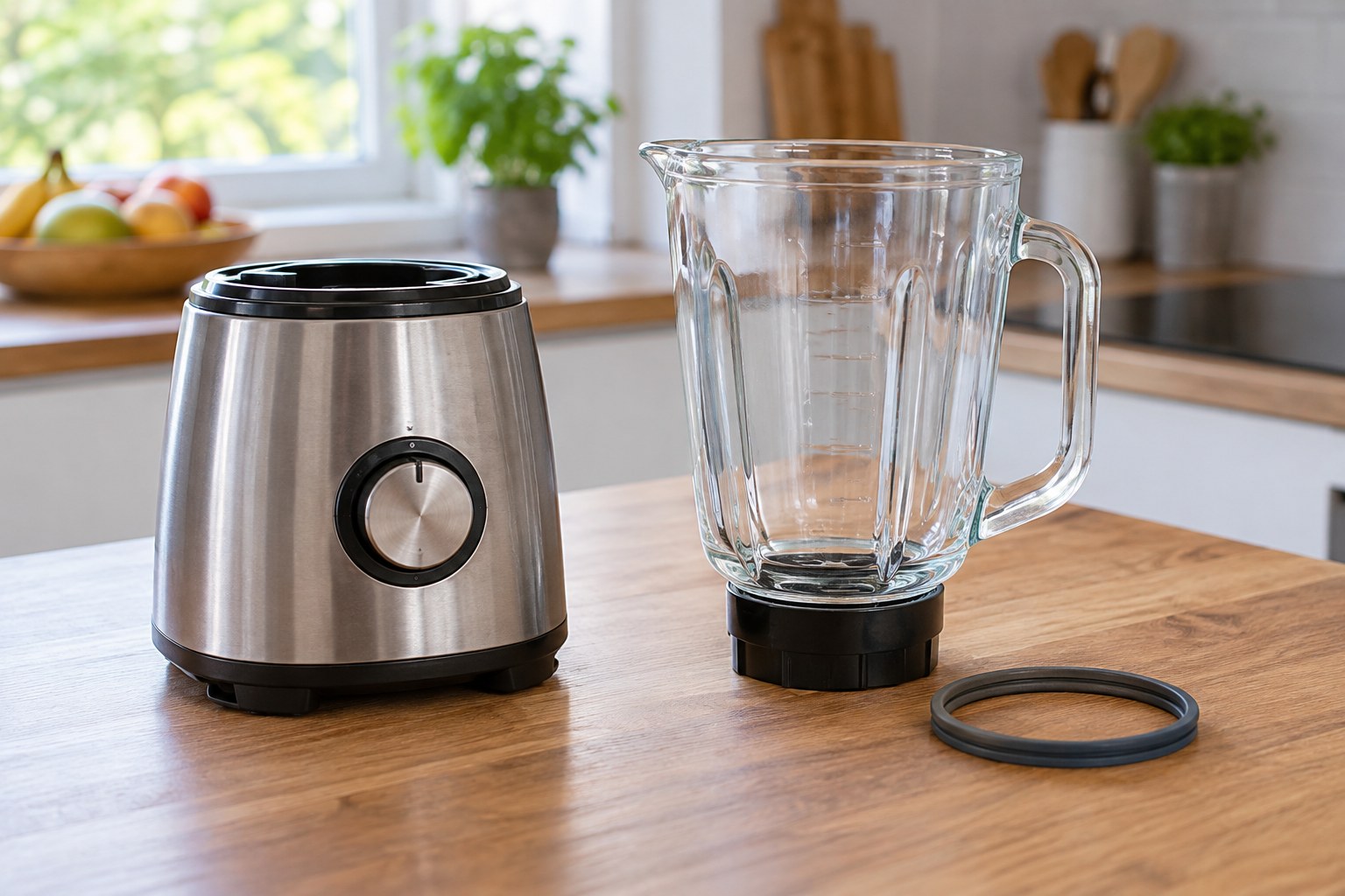 An unplugged blender base beside an intact replacement glass jug and gasket.