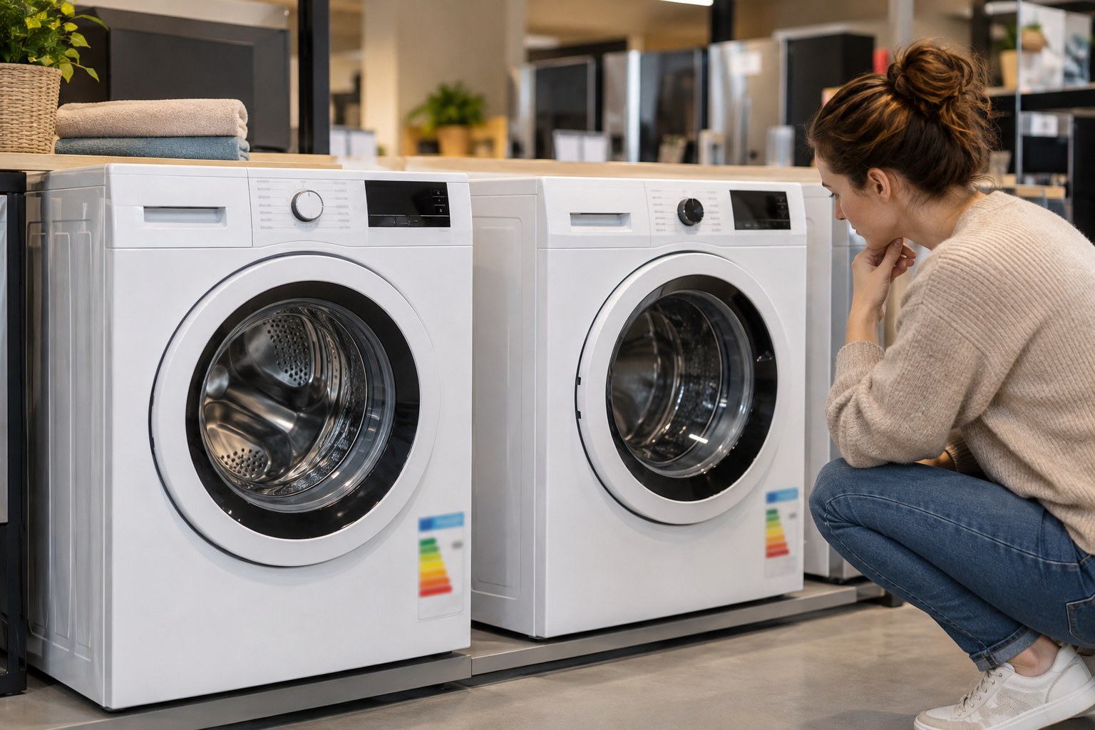 Two washing machines in appliance showroom each with small generic blurred multicolour energy label.