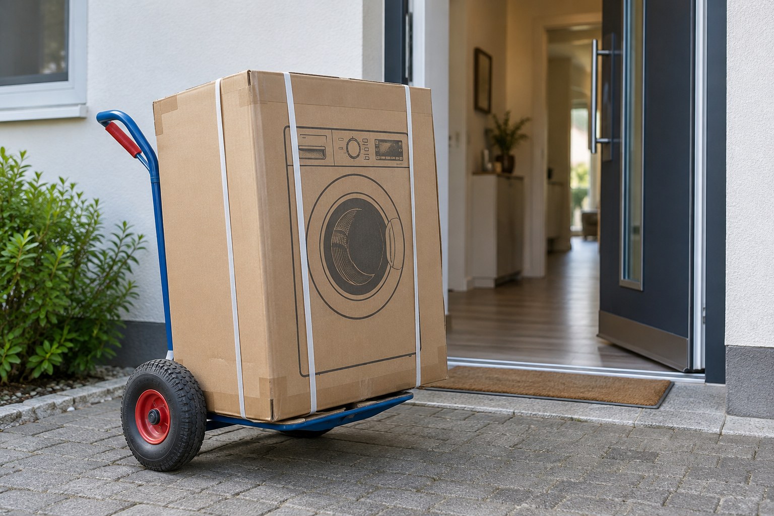 Boxed washing machine on a delivery trolley aligned with an open home doorway.