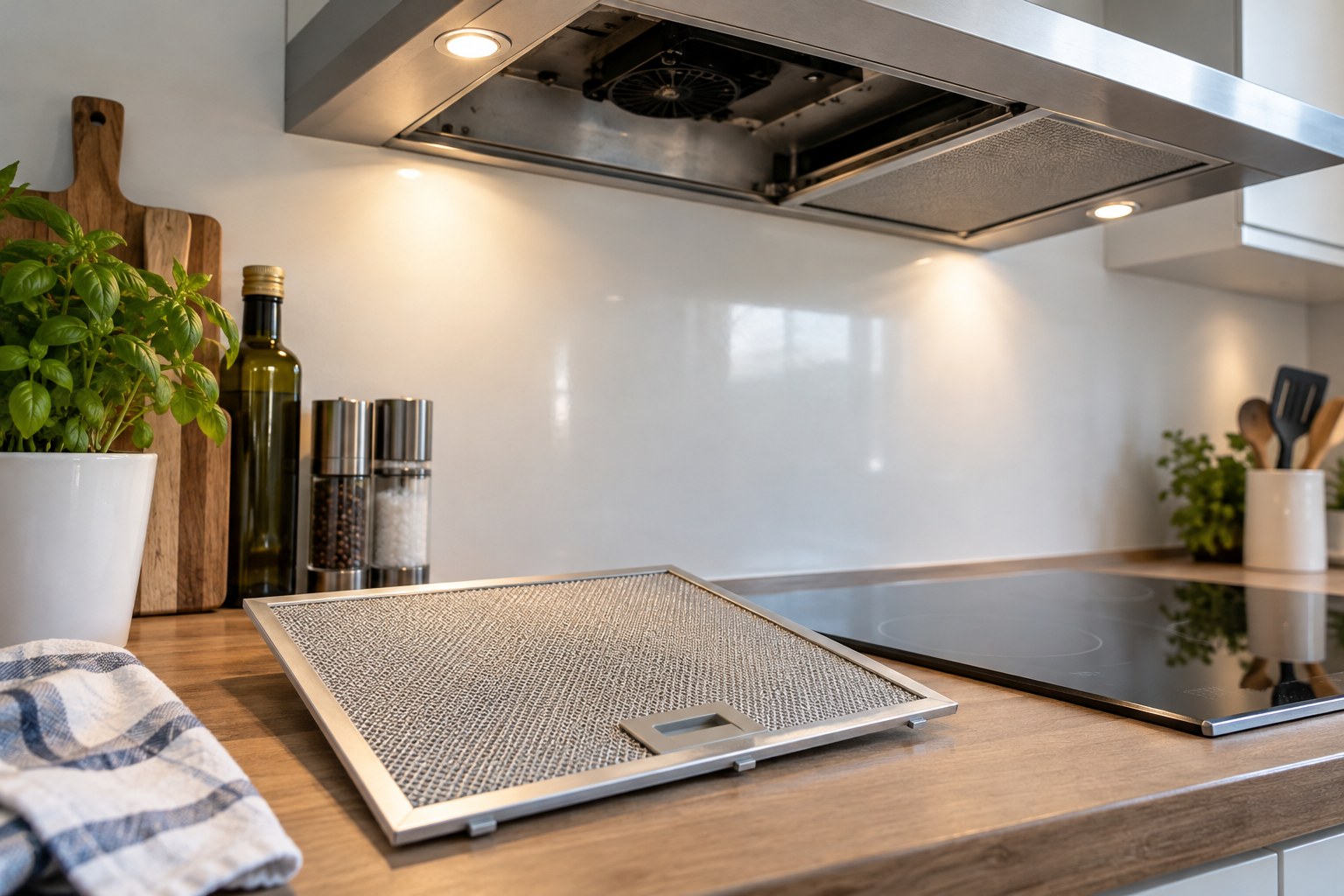 Metal mesh cooker hood filter removed and resting on countertop directly below an extractor hood.