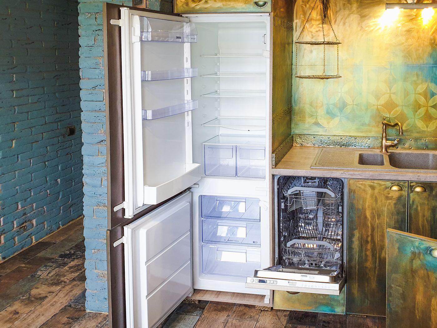 Open fridge door and kitchen clearances
