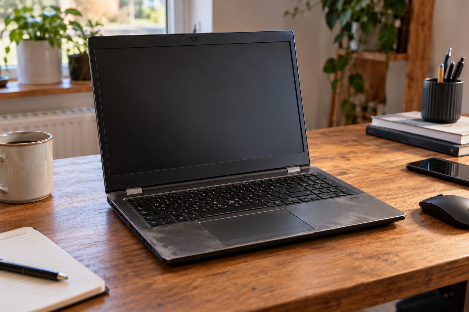 Used business laptop open on wooden work desk with modest wear on palmrest.