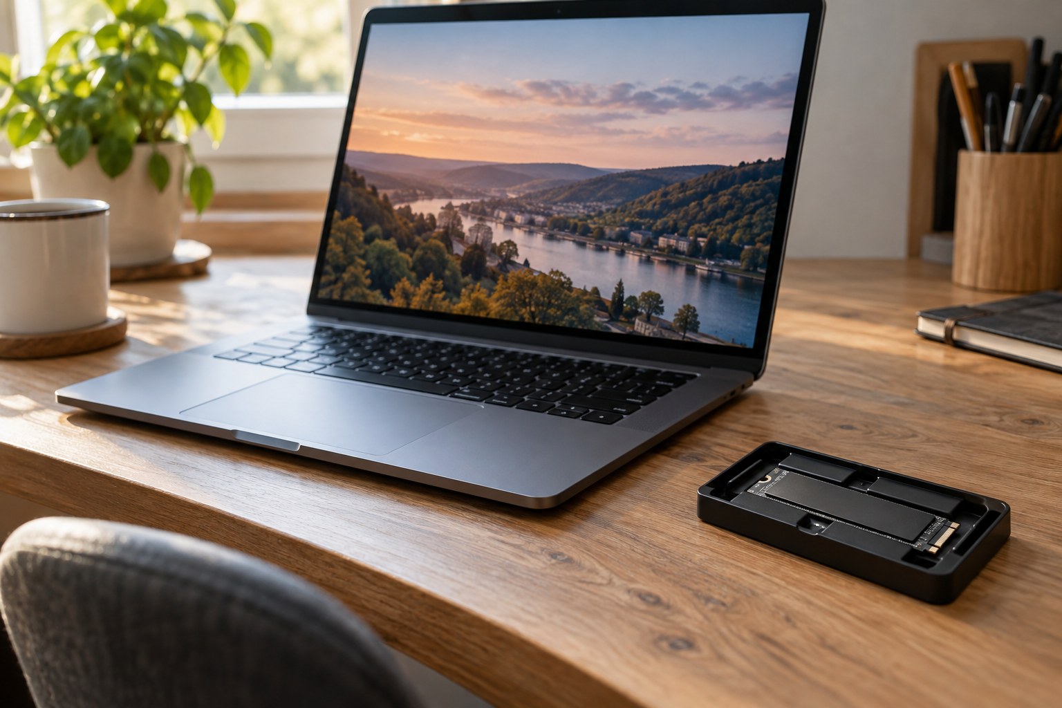 Laptop on a desk beside a separate small internal solid state drive in protective tray.
