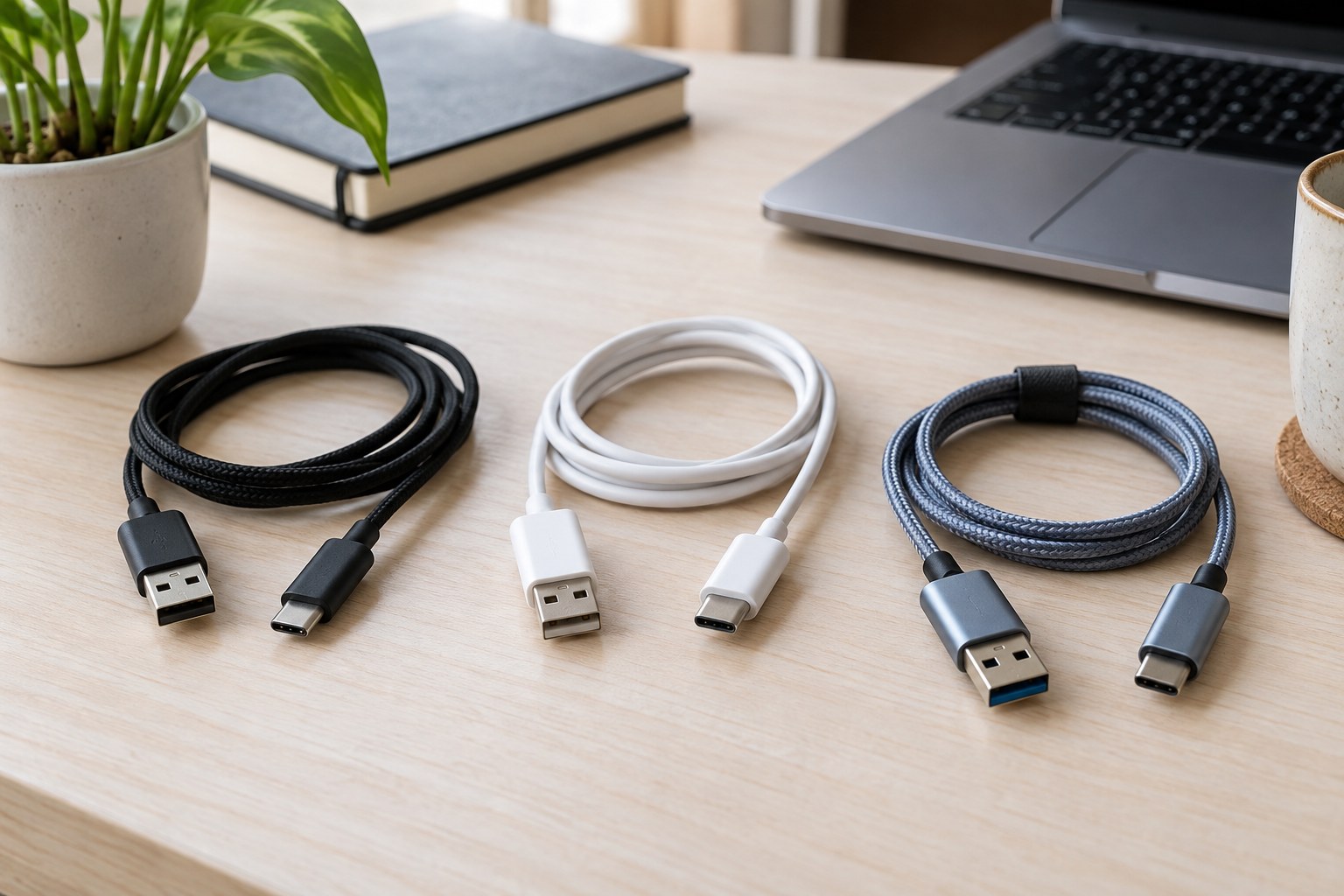 Three different USB cables on a pale desk with USB-C and USB-A connector ends clearly separated.