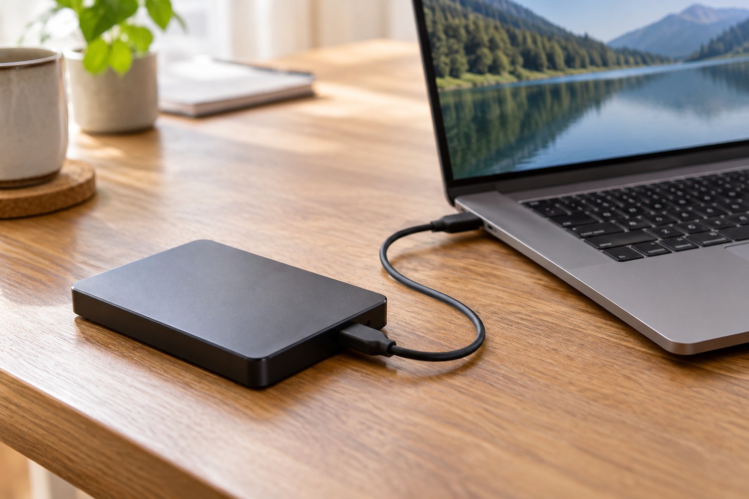 Portable rectangular external hard drive with a single USB cable connected to laptop.