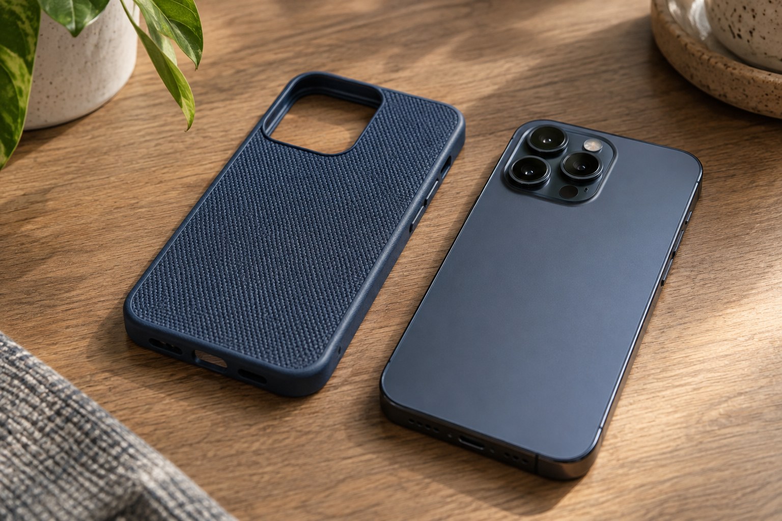 Textured phone case beside a phone lying face down.