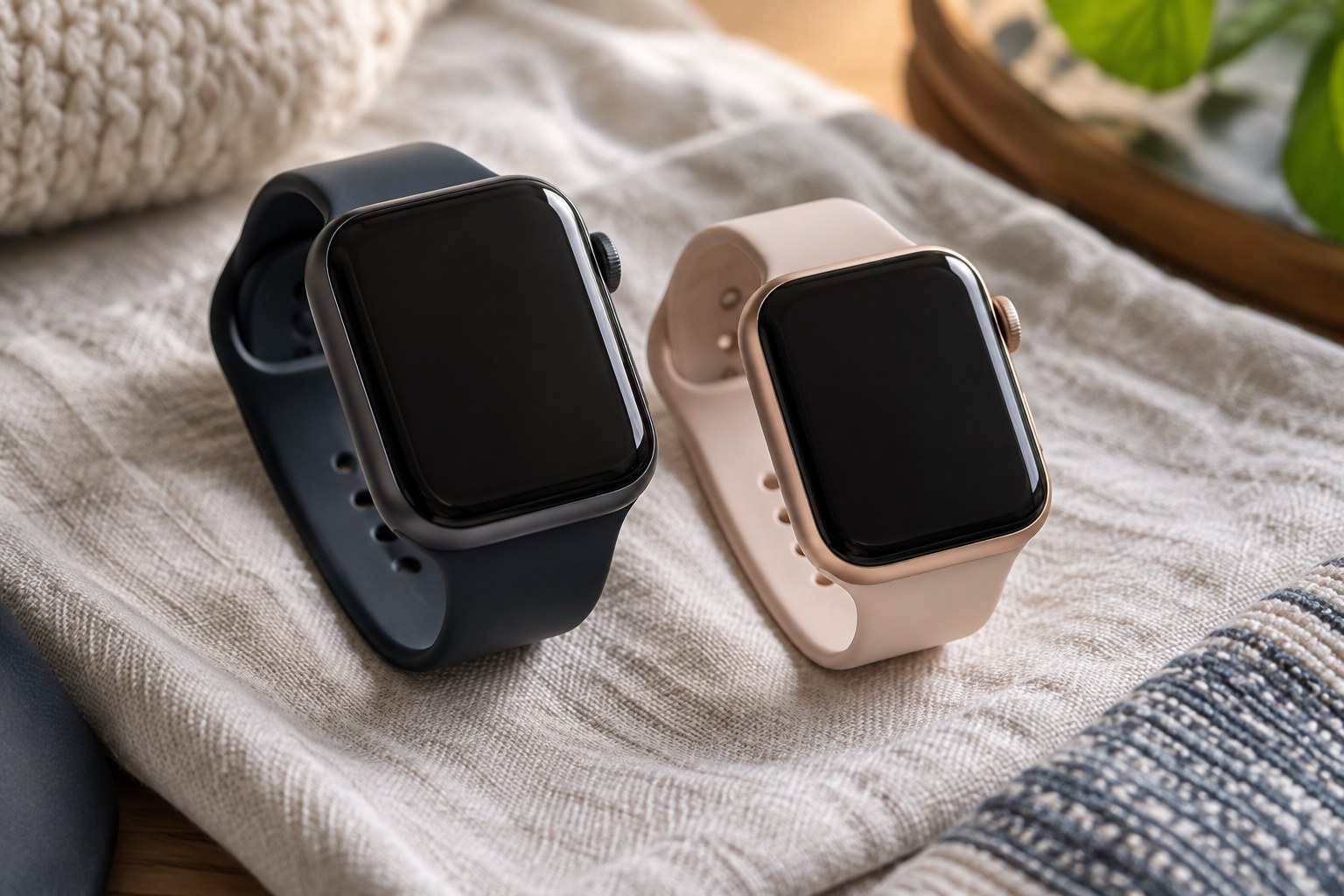 Two smart watches with different case sizes on fabric surface.