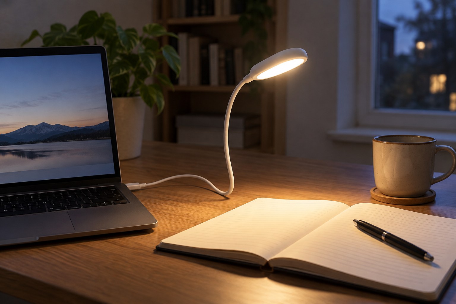 Small USB powered desk lamp connected to laptop.