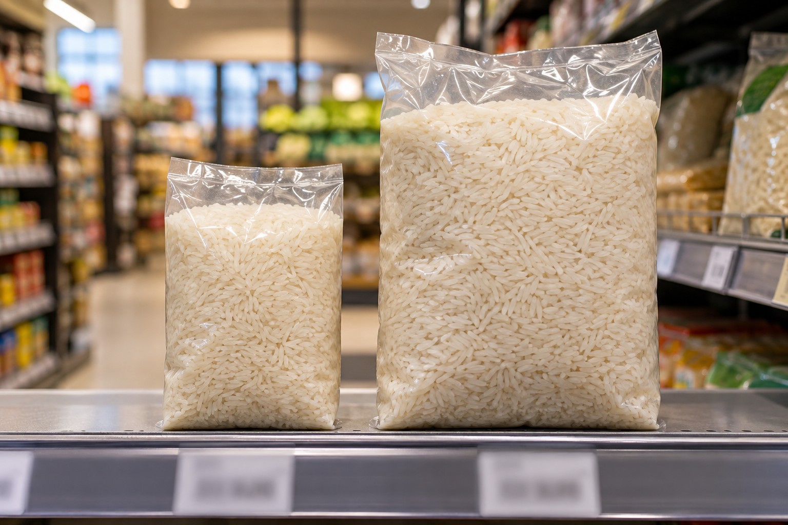 Two differently sized rice packages stand side by side on a shelf.