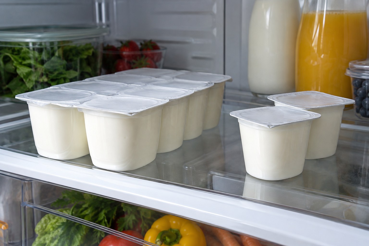 Large multipack of plain yogurt cups beside two individual cups inside refrigerator.