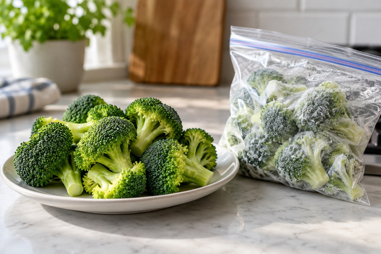 Fresh broccoli florets on one plate and frozen broccoli with frost in a clear resealable bag beside it.