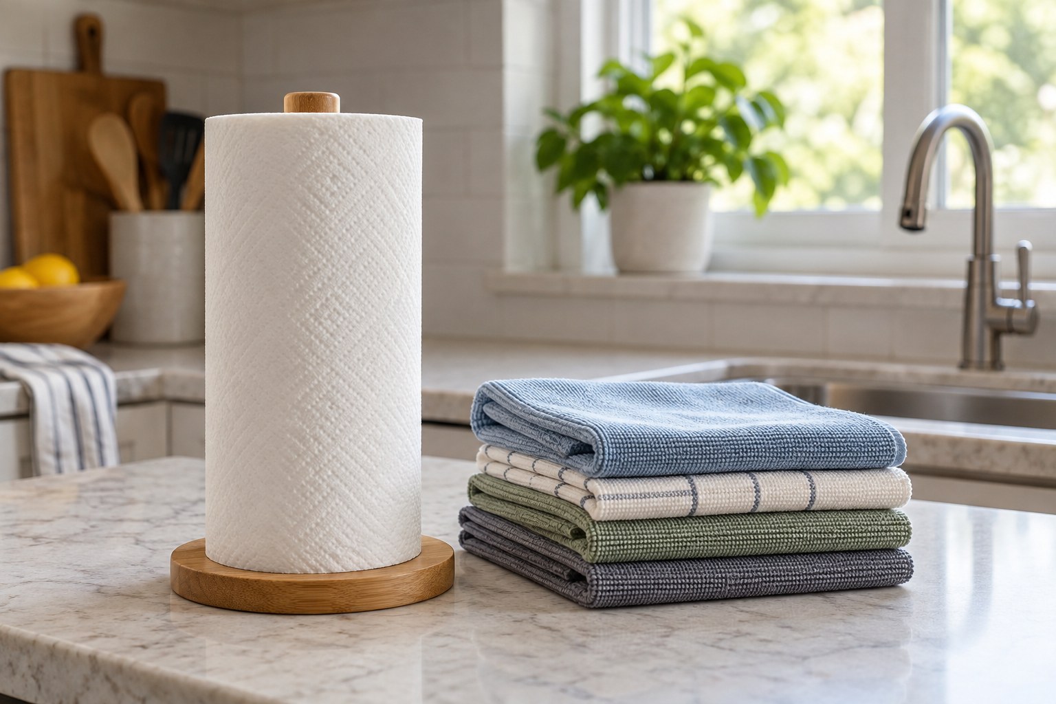 Paper towel roll and neatly folded washable cleaning cloths side by side on kitchen counter.
