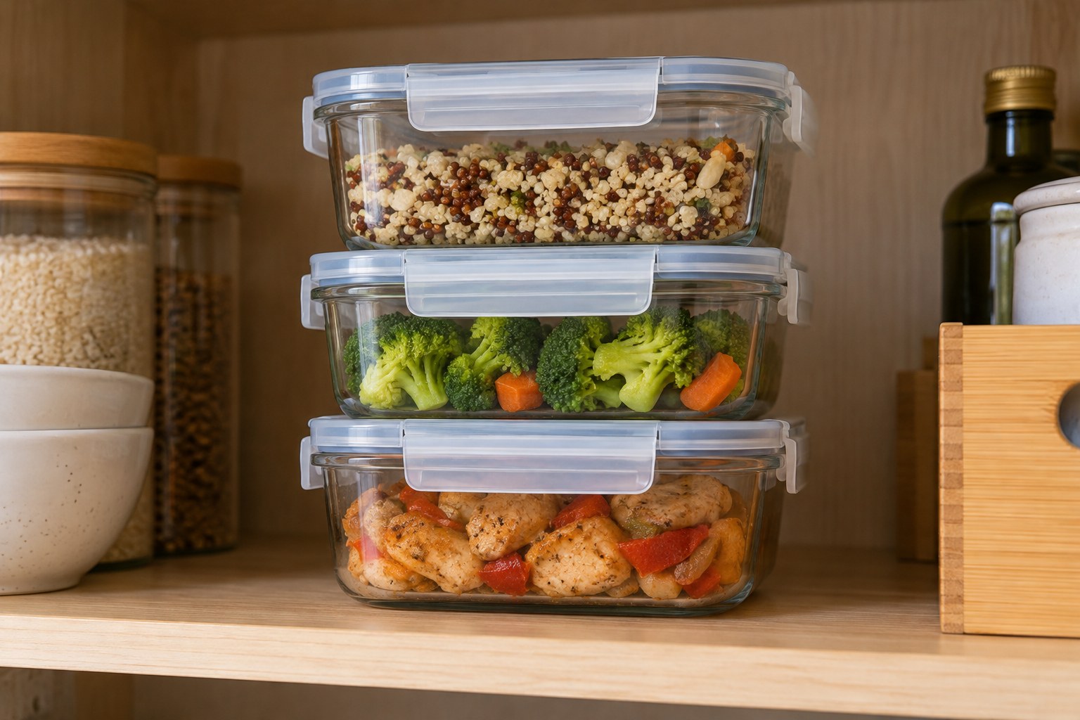 Three clear rectangular food storage containers stacked on a kitchen cupboard shelf with lids secured.