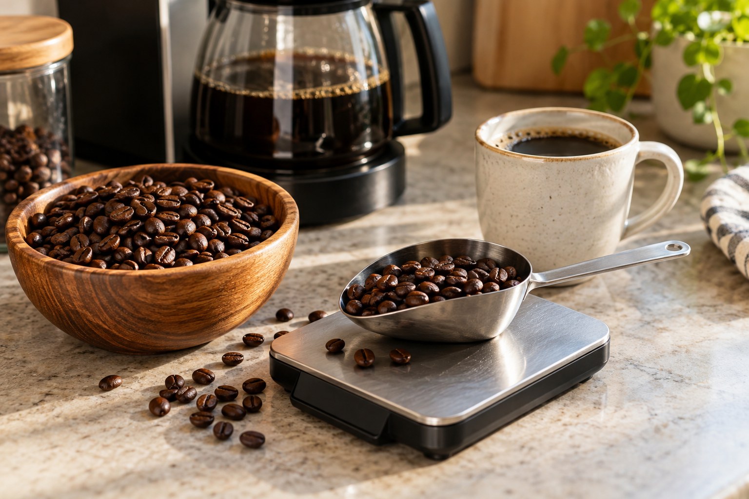 Roasted coffee beans in a small bowl beside a coffee scoop kitchen scale and prepared coffee cup.