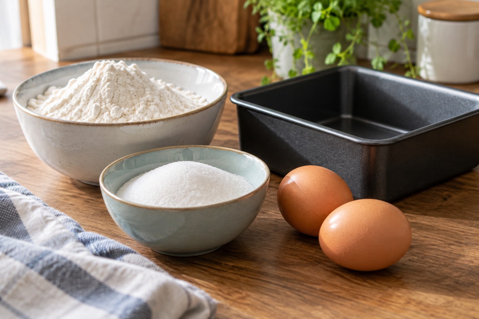 Small bowls of flour sugar and two eggs beside a compact baking tin.