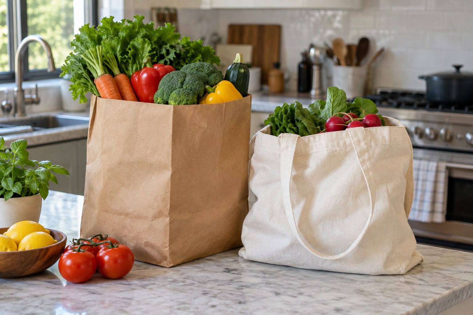 Paper grocery delivery bag with fresh vegetables next to reusable shopping tote on kitchen counter.
