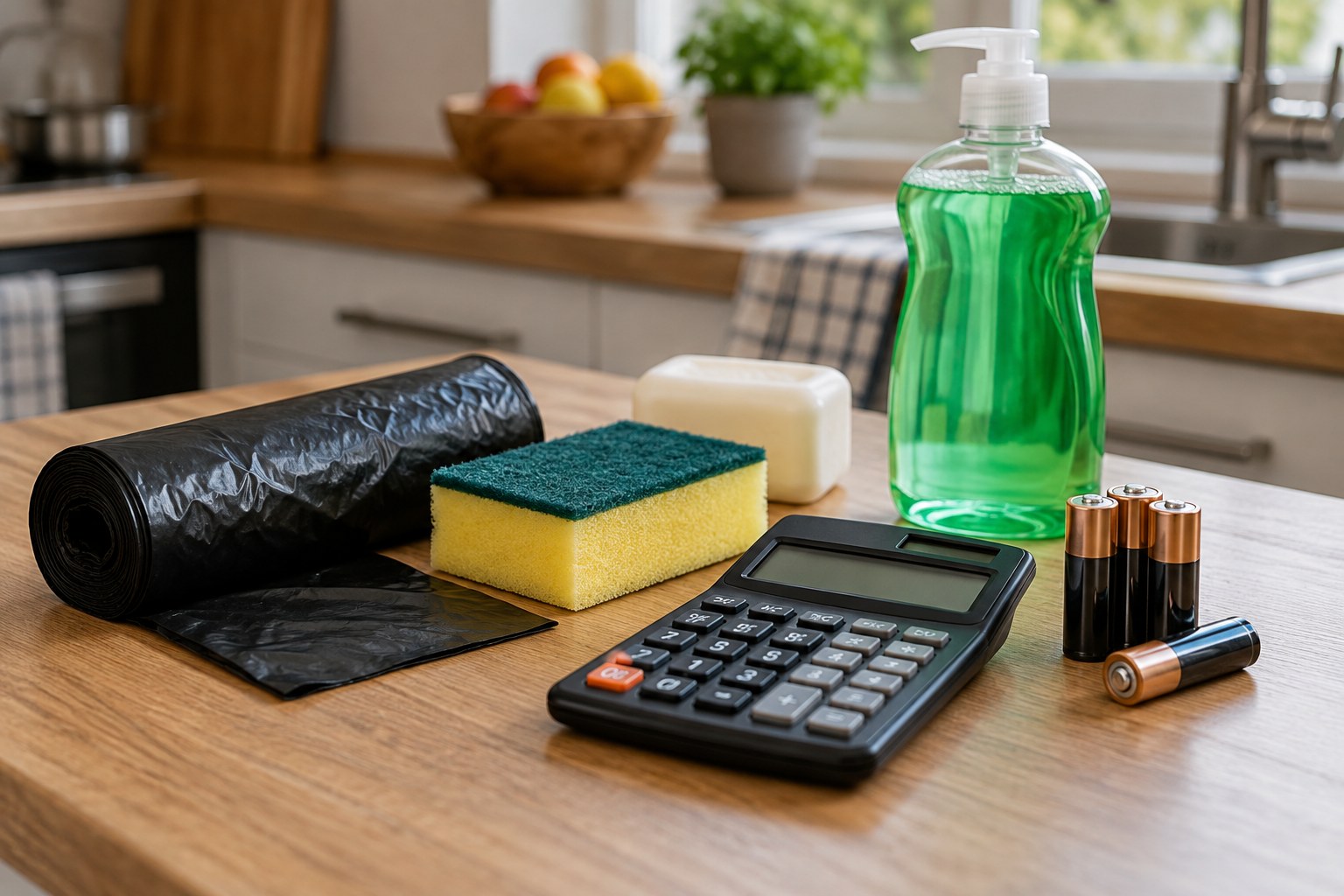 Household consumables arranged with calculator: bin liner roll sponge plain soap bottle and batteries.