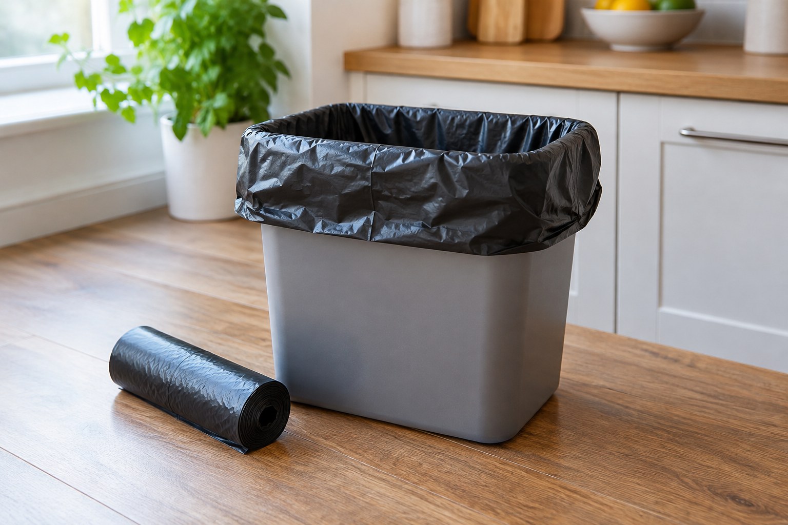 Bin liner folded over rim of a small kitchen waste bin.