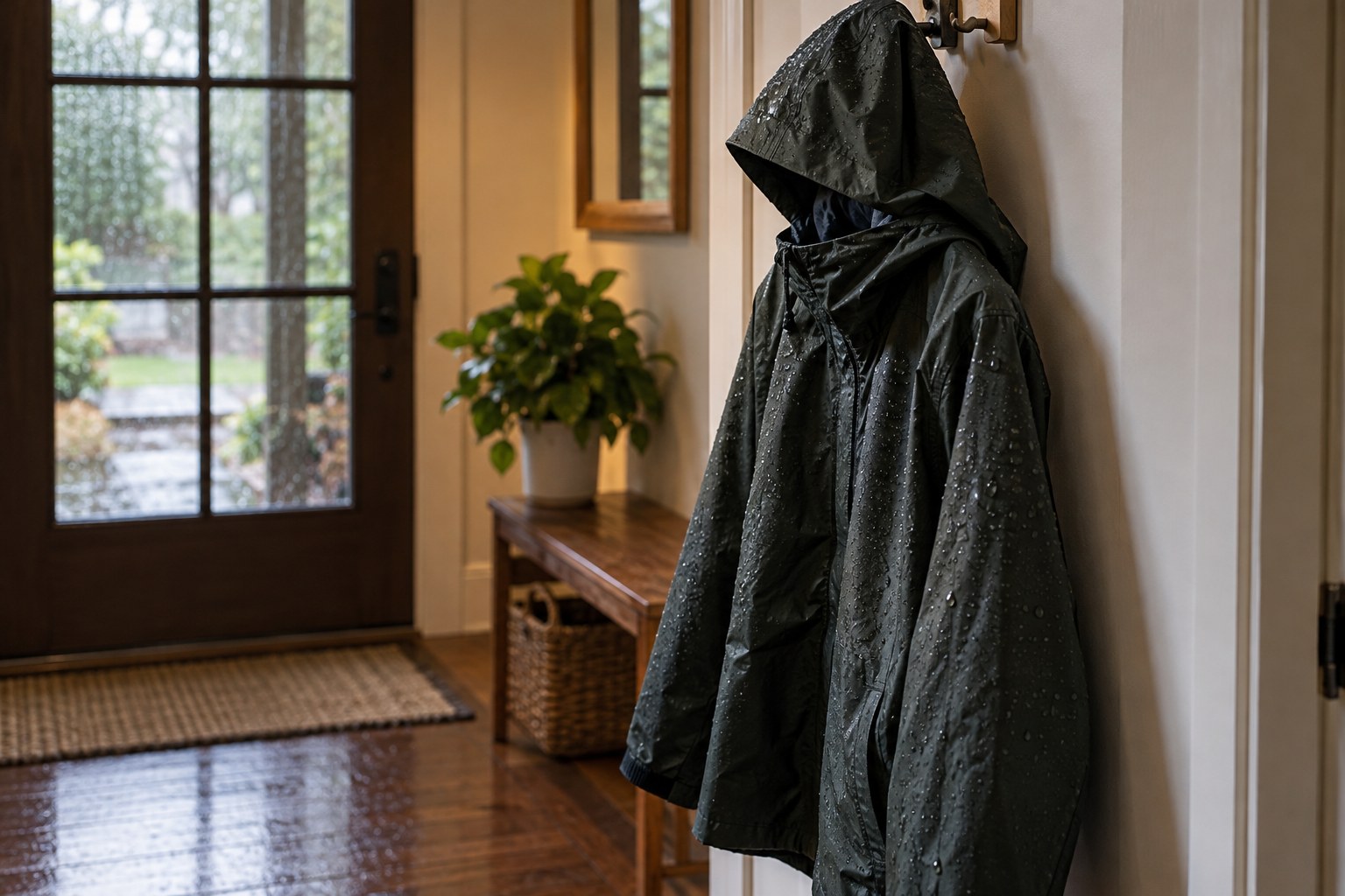Unbranded waterproof rain jacket hanging by hood in hallway with raindrops on its fabric.