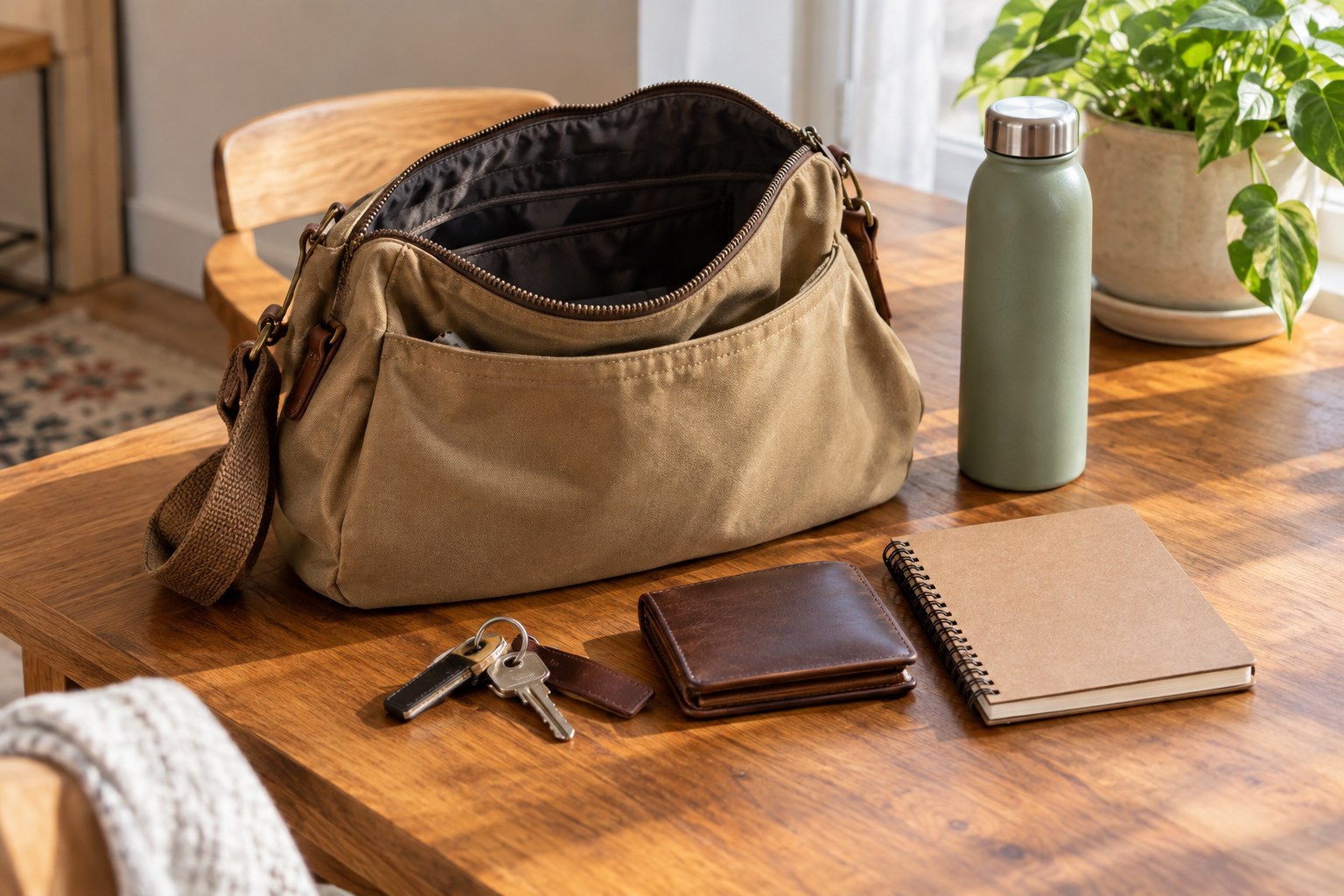 Open everyday shoulder bag with keys wallet water bottle and small notebook placed beside it.