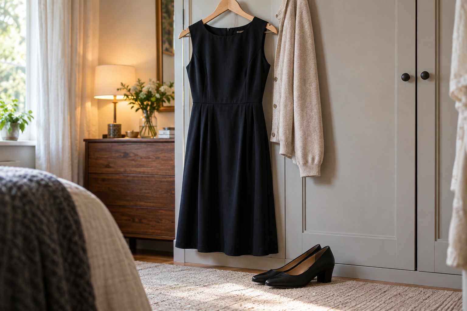 Simple dark occasion dress on hanger beside an existing cardigan and low heeled shoes.