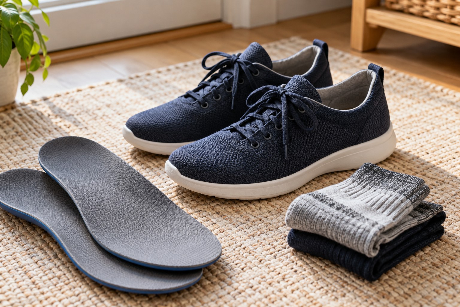 Pair of casual shoes with removable insoles and folded socks laid beside them.