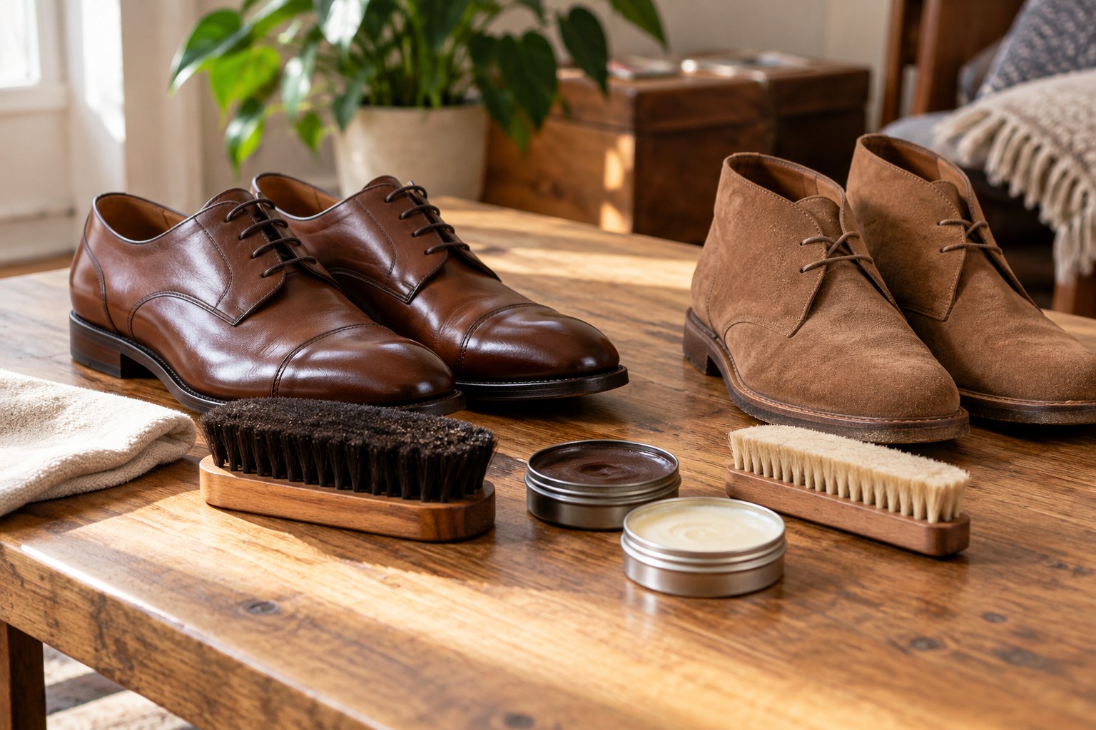 Leather shoe beside a soft polishing brush and suede shoe beside a separate suede brush.