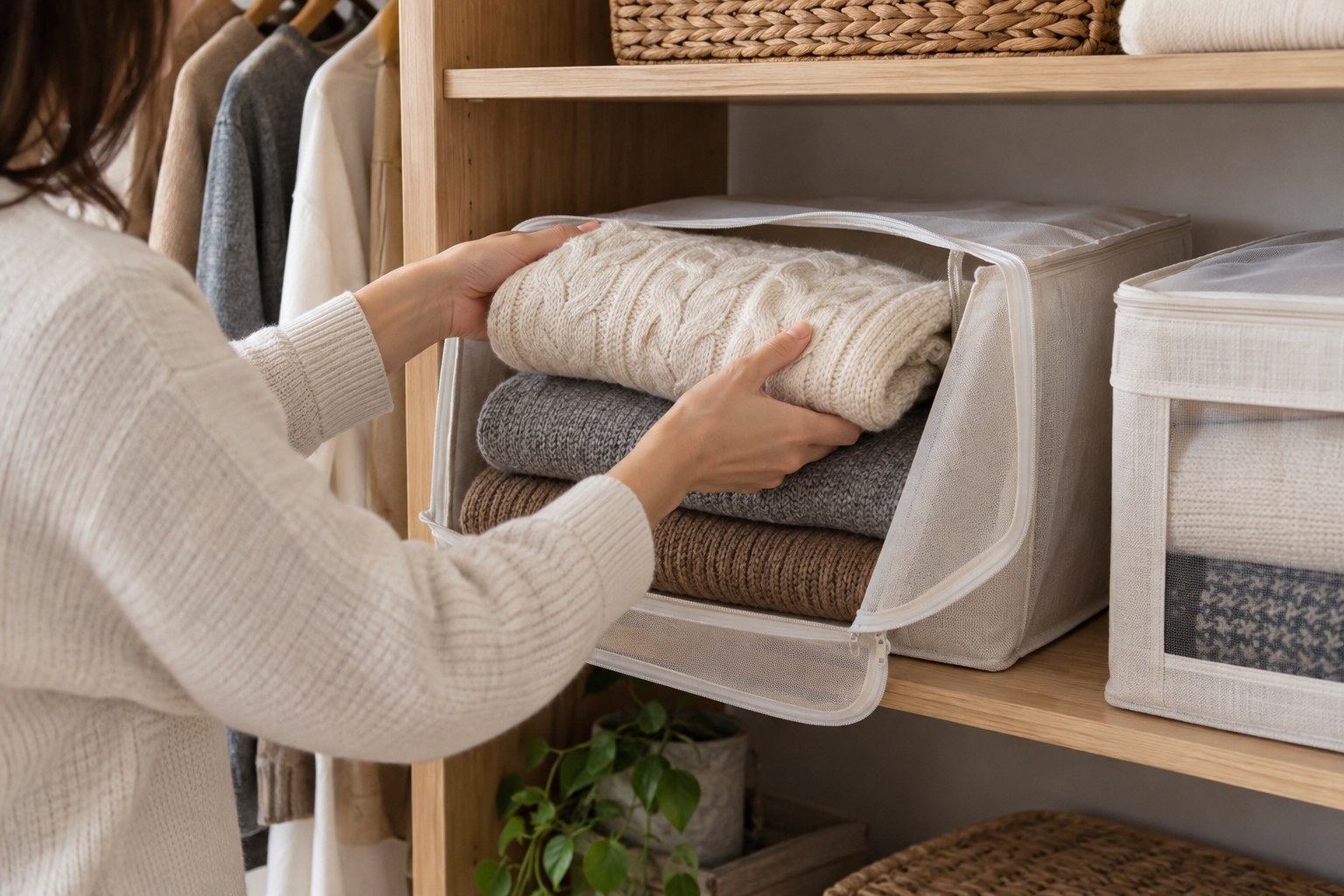 Folded winter knitwear being placed in breathable fabric storage bags on wardrobe shelf.