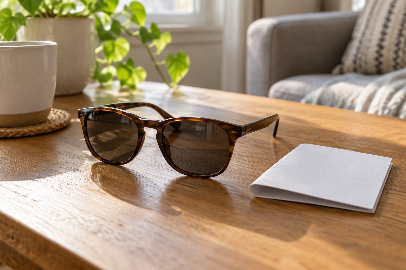 Unbranded sunglasses on table beside plain folded product leaflet with no readable claims.