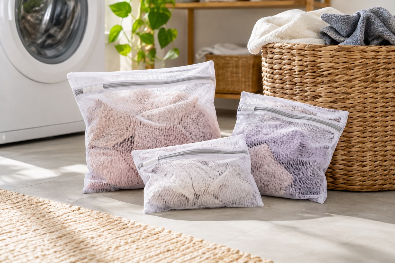 Mesh laundry bags with delicate clothing inside next to a laundry basket.