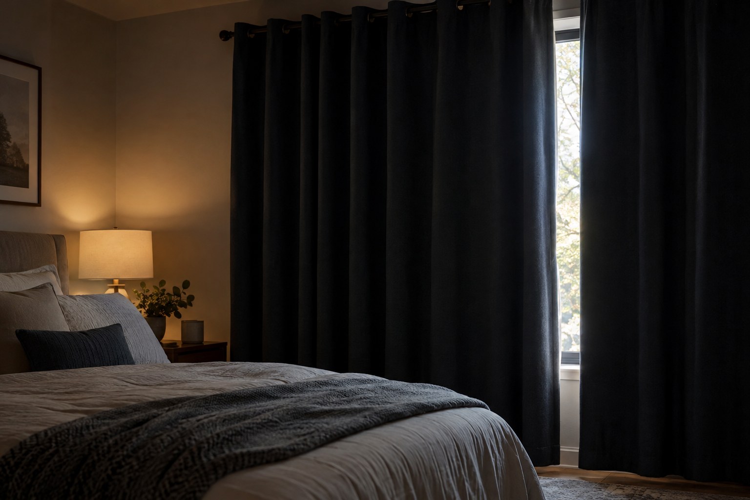 Opaque blackout curtains partially closed over a bedroom window.