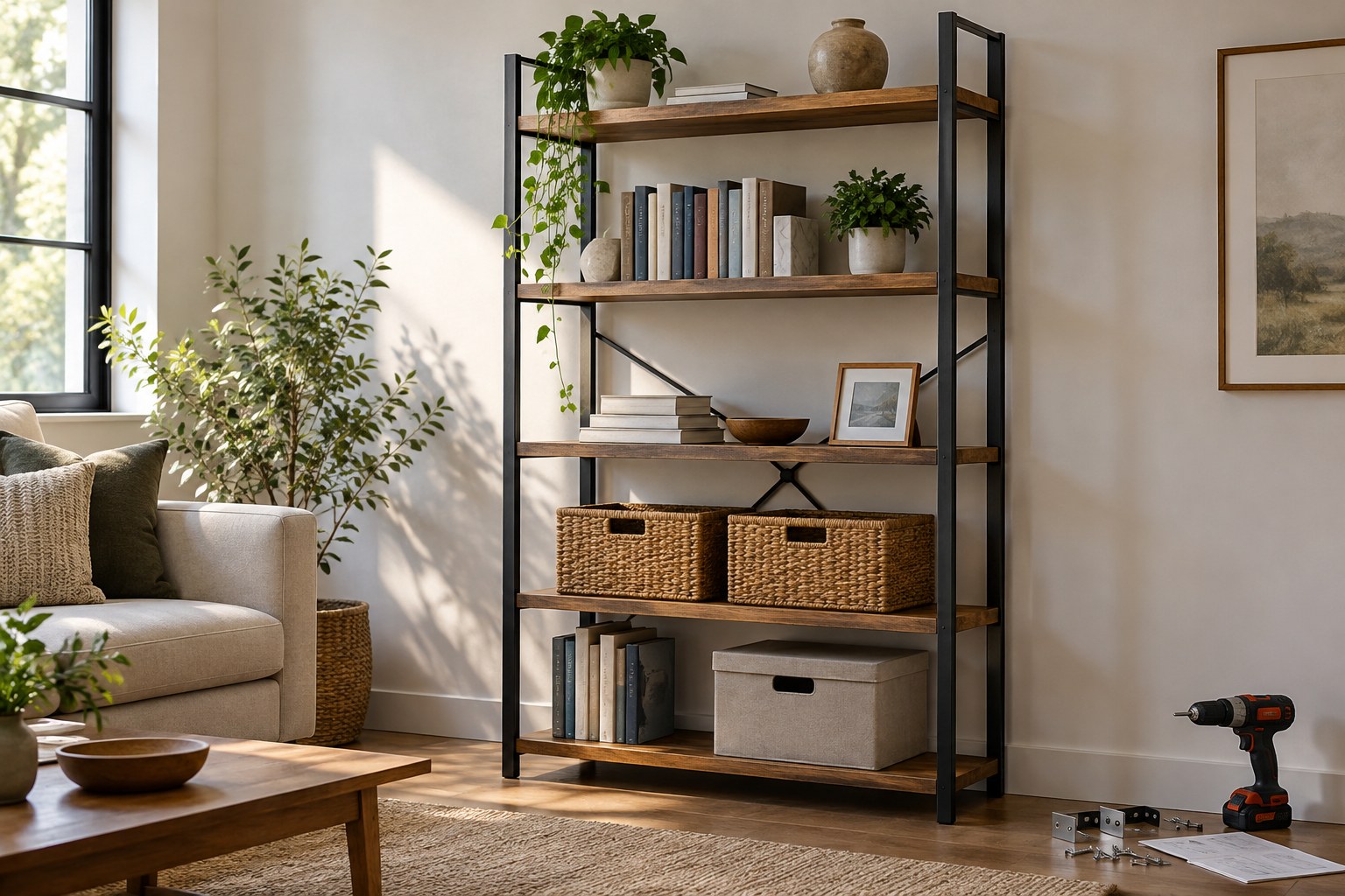 Sturdy freestanding shelf with evenly distributed books and storage boxes.