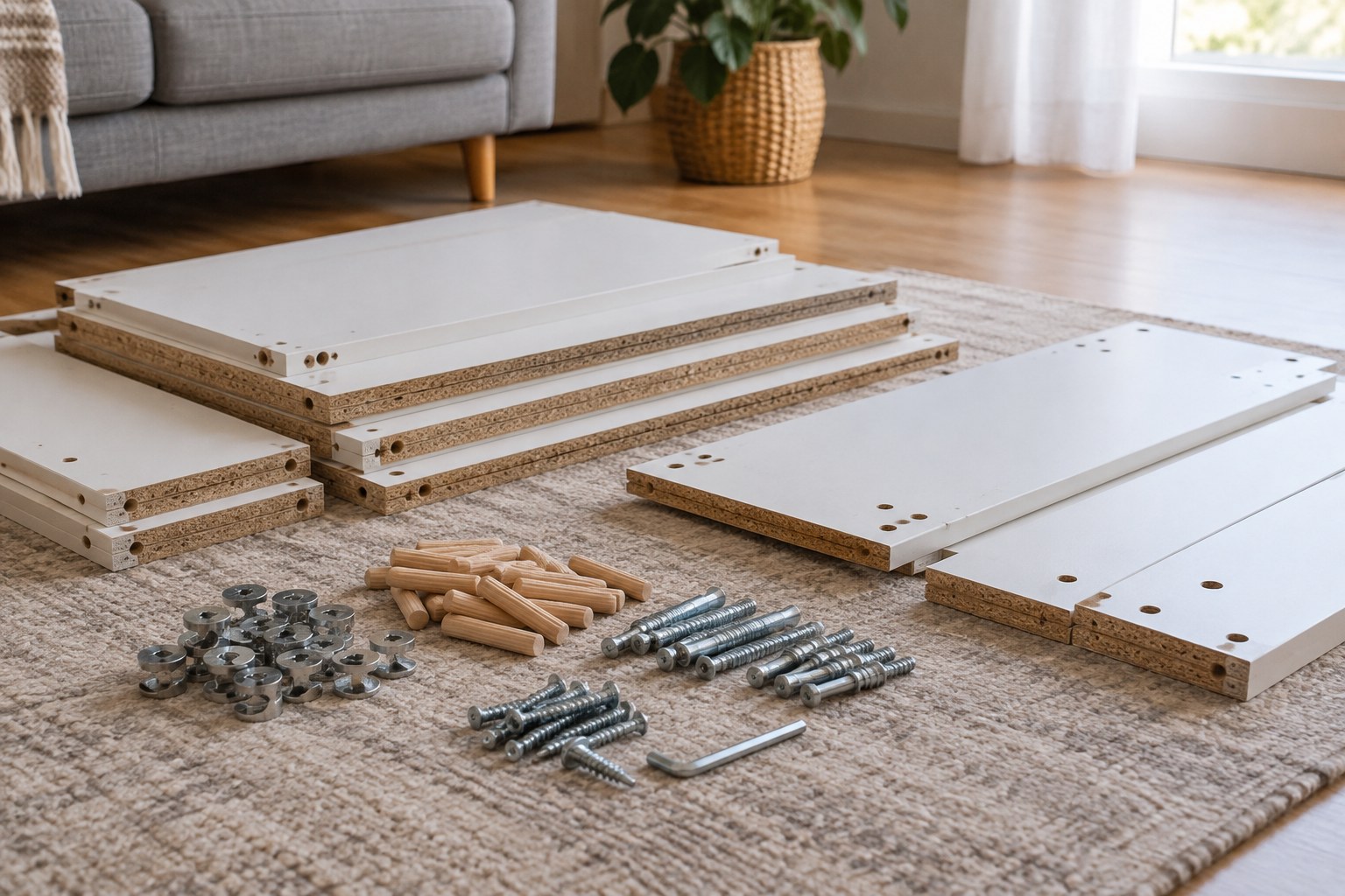 Flat pack furniture panels with neatly sorted screws wooden dowels and cam lock fittings on floor.