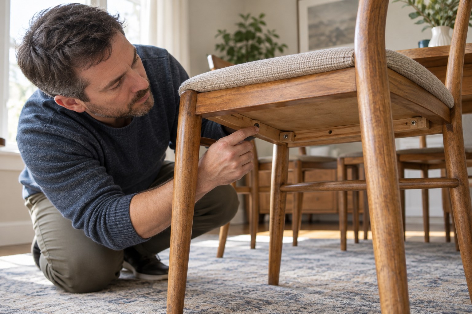 Adult examining the wooden joint under a second hand dining chair in a well-lit room.