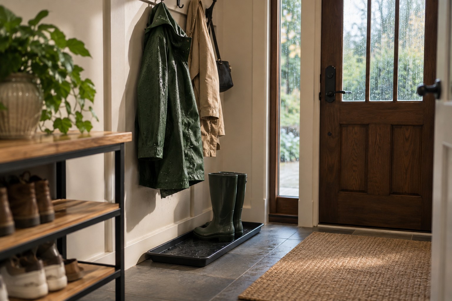 Narrow entryway with shoe rack coat hooks and drip tray beneath a wet raincoat.