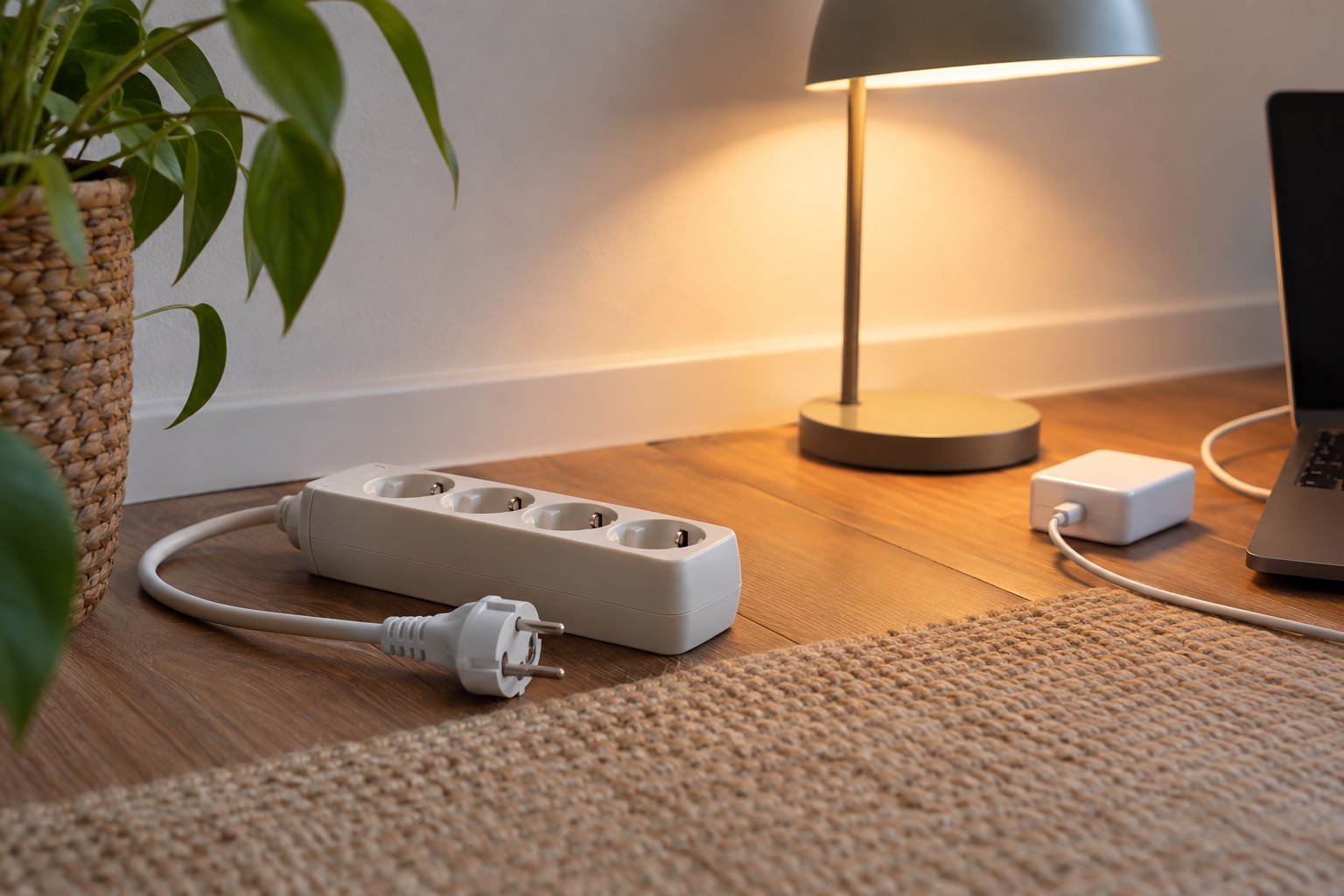 Unplugged German Schuko extension lead beside a desk lamp and laptop charger.