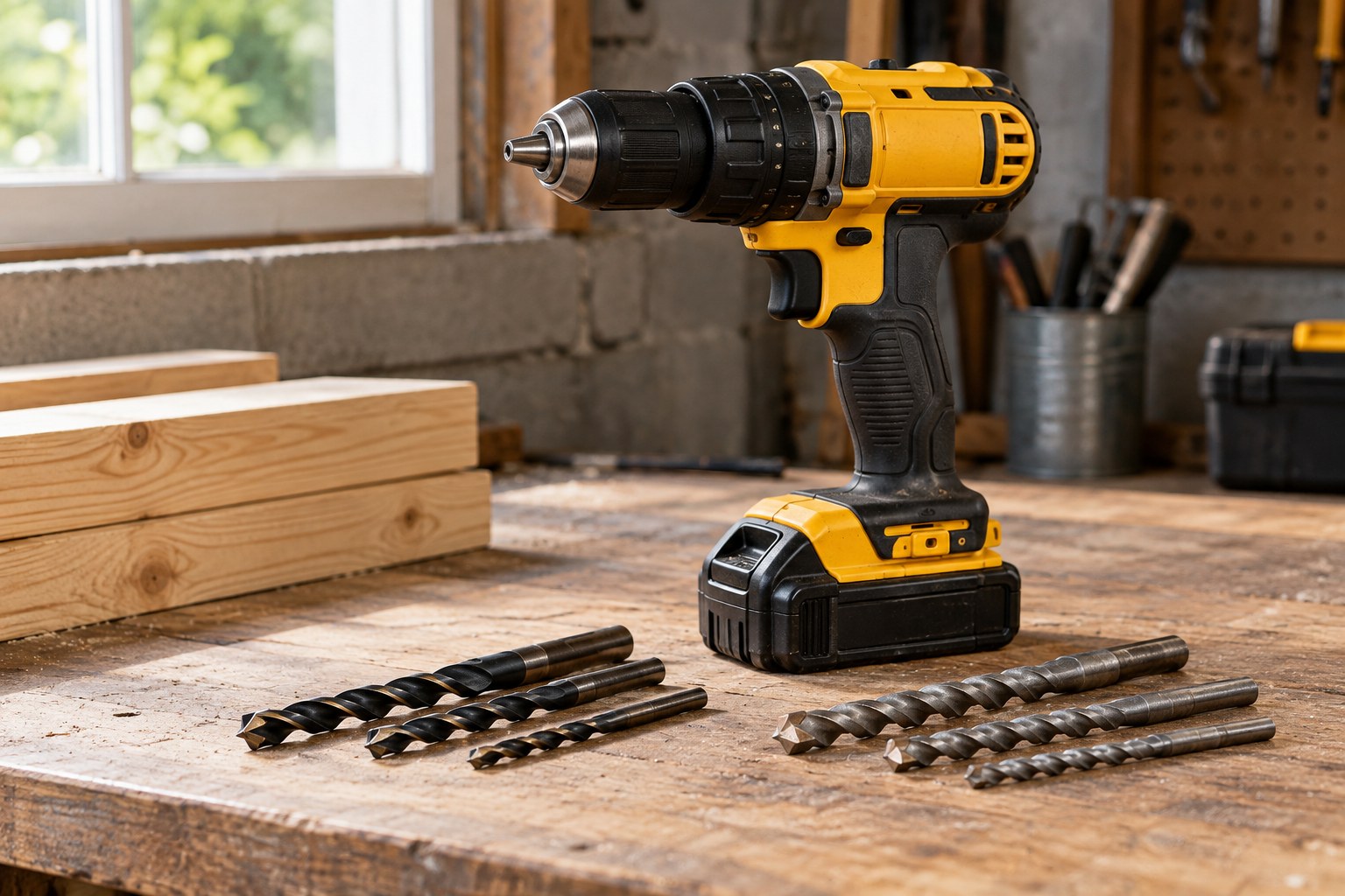 Cordless drill with separate wood and masonry drill bits resting on workbench.