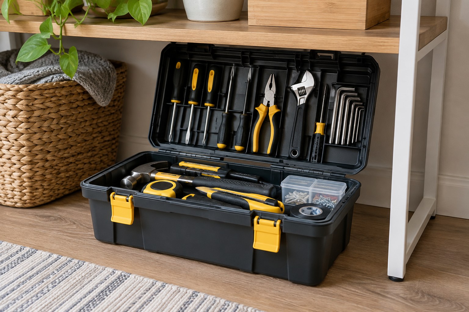 Compact organized toolbox under a shelf in a small flat.