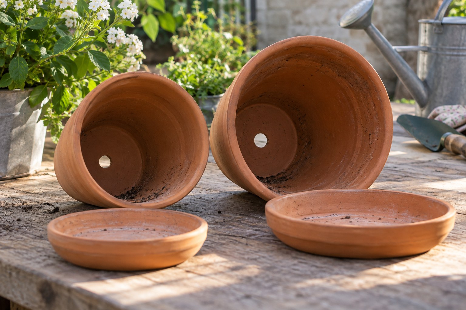 Two empty terracotta plant pots turned on their sides showing drainage holes.