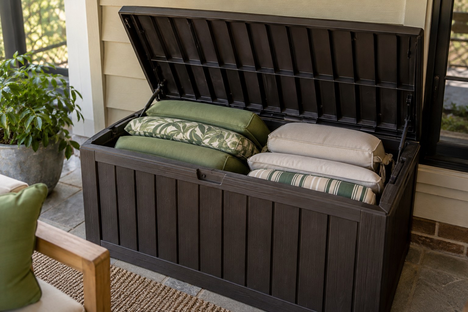 Outdoor seat cushions placed inside a dry storage chest on covered patio.