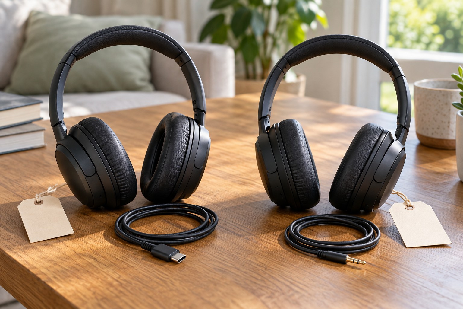 Two nearly identical unbranded headphones with small distinct connector types beside neutral blank product tags.