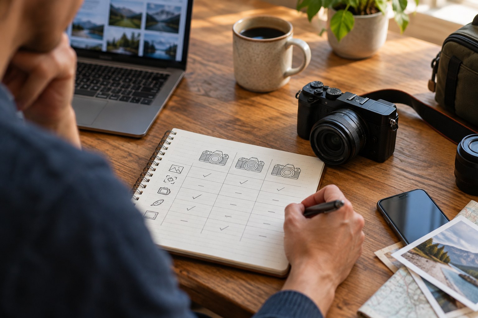 Desk notebook with hand-drawn comparison rows and a small camera under consideration.