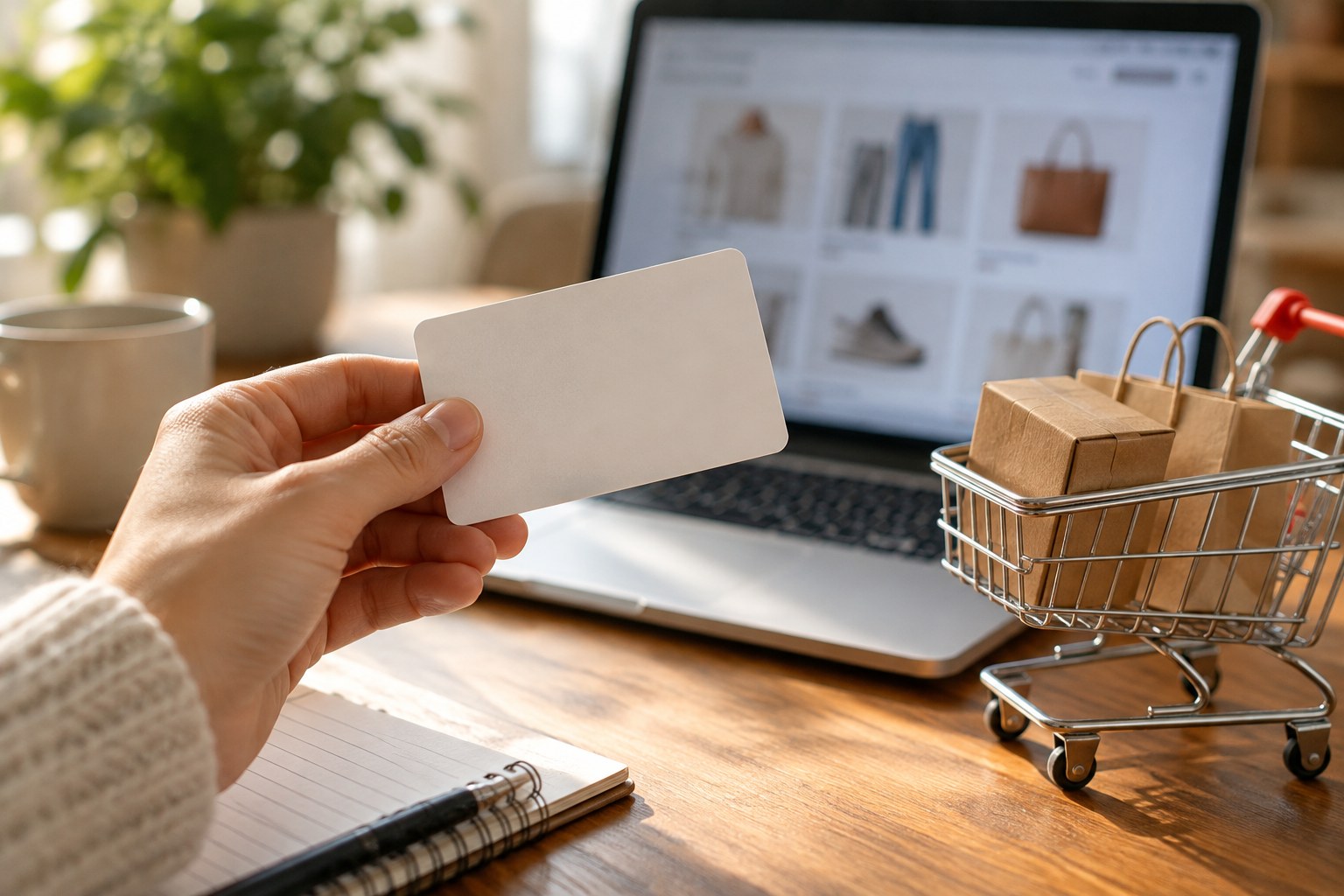 Hand holding a generic unprinted coupon card beside laptop shopping basket scene.