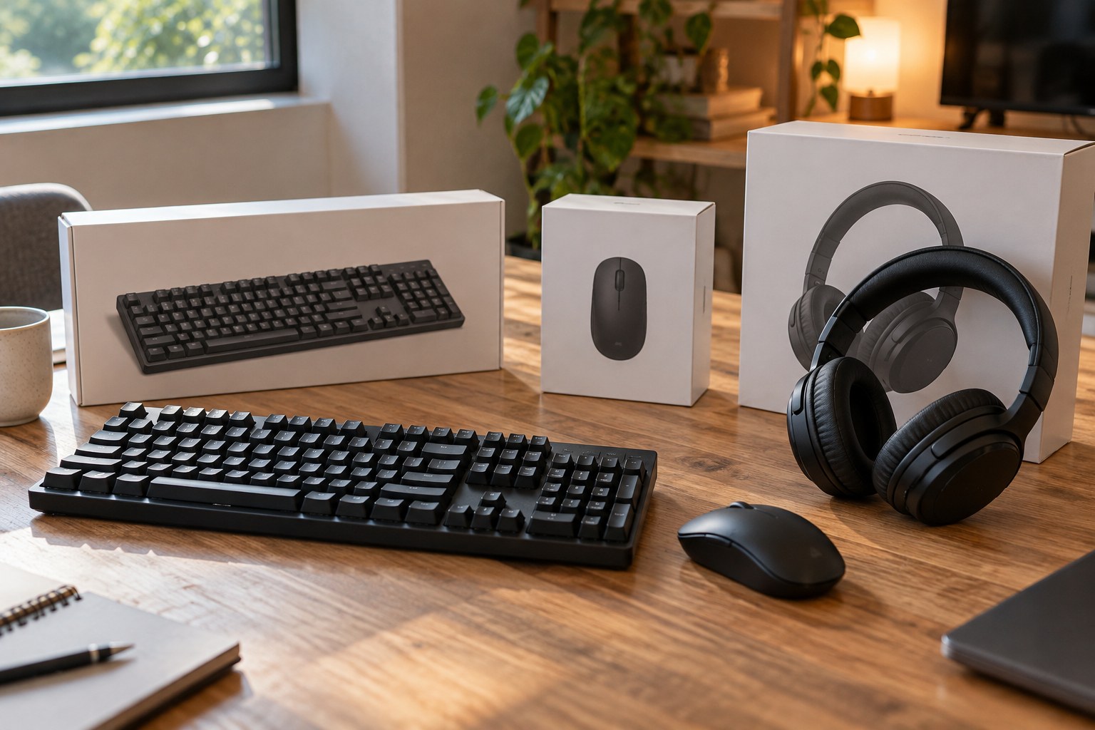 Keyboard mouse and headset together beside their individual plain boxes on table.