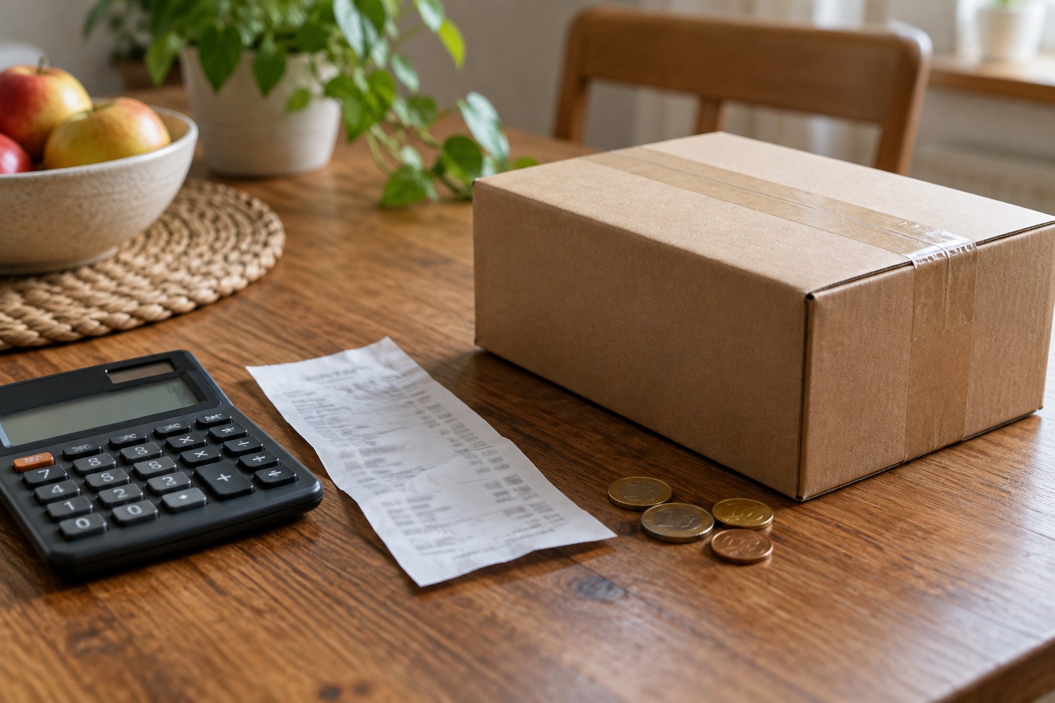 Calculator receipt and a few euro coins beside closed shopping parcel.